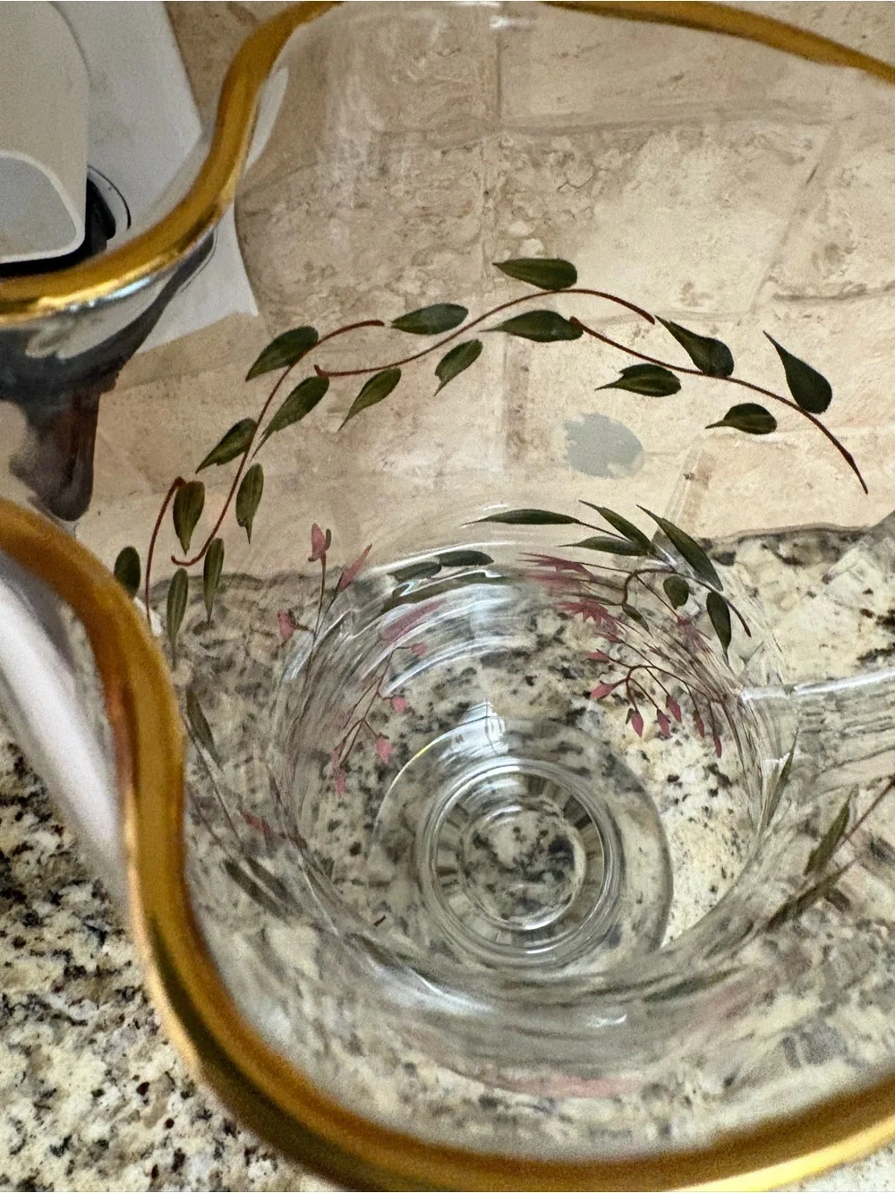 Hand-Painted Floral Glass Pitcher with Gold Rim - Pink & Green